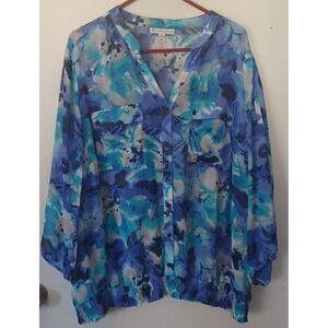 JM Collection‎ Woman 3X Blue Abstract Floral Smocked Hem Blouse Boho Spring READ